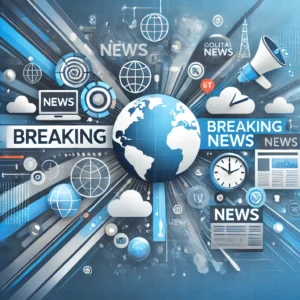 A visually engaging header image for an online news article, featuring a dynamic scene of breaking news icons, newspaper graphics, and digital news