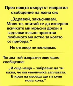 През нощта съпругът изпратил съобщение на жена си: „Здравей, закъснявам. Моля те, опитай се да изпереш всичките ми мръсни дрехи и задължително приготви любимото ми ястие за когато се прибера.“ 14 task 01kj5p3ev9fnqr2w4x4mvseb55