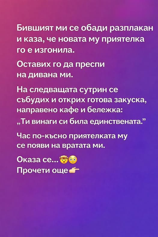 Бившият ми се обади разплакан и каза, че новата му приятелка го е изгонила. Оставих го да преспи на дивана ми. 👇 3 600317468 122177124314593989 3858364080163585141 n