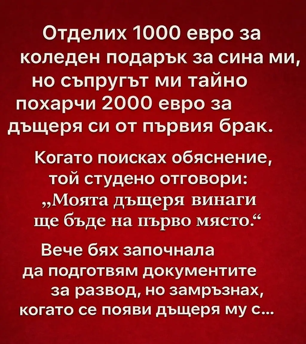 Отделих 1000 евро за коледен подарък за сина ми, но съпругът ми тайно похарчи 2000 евро за дъщеря си от първия брак. 3
