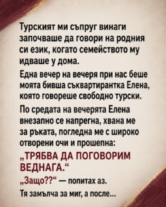 Съпругът ми винаги преминаваше на турски, когато семейството му идваше у дома. Бях свикнала да приемам това като обикновени „семейни разговори“, докато една вечер на вечеря не дойде моя приятелка — Елена, която говори перфектно езика. 26 chatgpt image 11.05.2026 g. 11 36 46