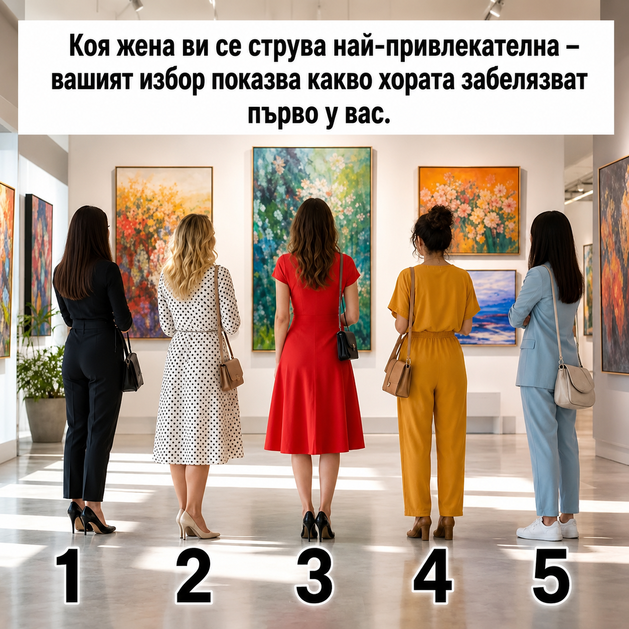 Коя жена ви се струва най-привлекателна? Вашият избор ще покаже какво хората забелязват първо у вас. Напишете номера на жената, която първа привлече погледа ви. 3 chatgpt image 10.06.2026 g. 16 02 37