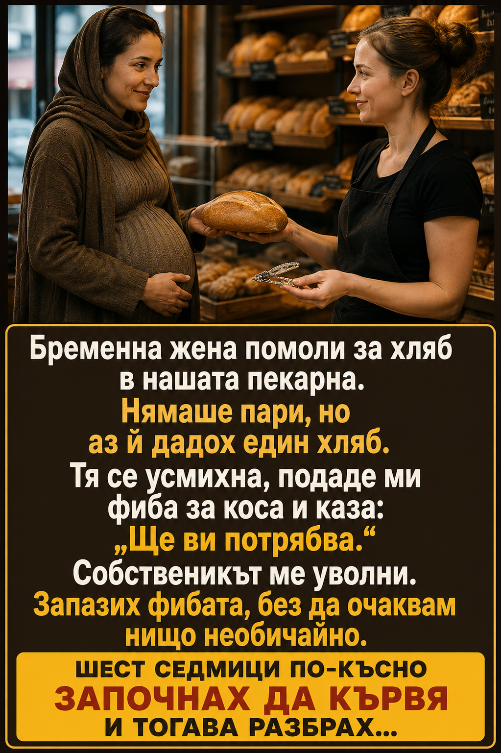 Бременна жена помоли за хляб в нашата пекарна. Нямаше пари, но аз ѝ дадох един хляб. Тя се усмихна, подаде ми фиба за коса и каза: 4 chatgpt image 3.07.2026 g. 11 19 11