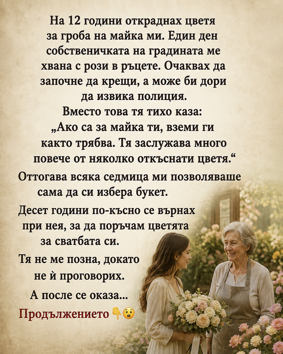 На 12 години откраднах цветя за гроба на майка ми. Един ден собственичката на градината ме хвана с рози в ръцете. Очаквах да започне да крещи, а може би дори да извика полиция. Вместо това тя тихо каза: 3 chatgpt image 6.08.2026 g. 11 44 26