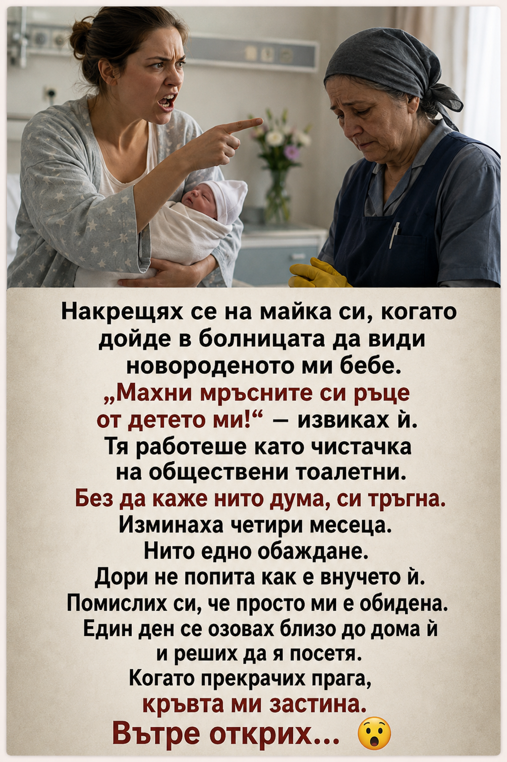 Накрещях се на майка си, когато дойде в болницата да види новороденото ми бебе. „Махни мръсните си ръце от детето ми!“ – извиках ѝ. 3 chatgpt image 6.08.2026 g. 11 57 16