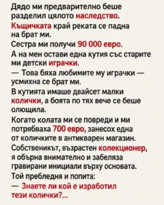 Дядо ми предварително беше разделил цялото наследство. Къщичката край реката се падна на брат ми. Сестра ми получи 90 000 евро. А на мен остави една кутия със старите ми детски играчки. 14 617c86a2 2773 4bc6 b296 71c351d2