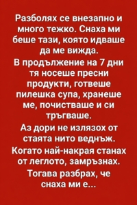Разболях се внезапно и много тежко. Снаха ми беше тази, която идваше да ме вижда. 38 75bf6fca dcd1 4409 a621 7d4b8912d06d