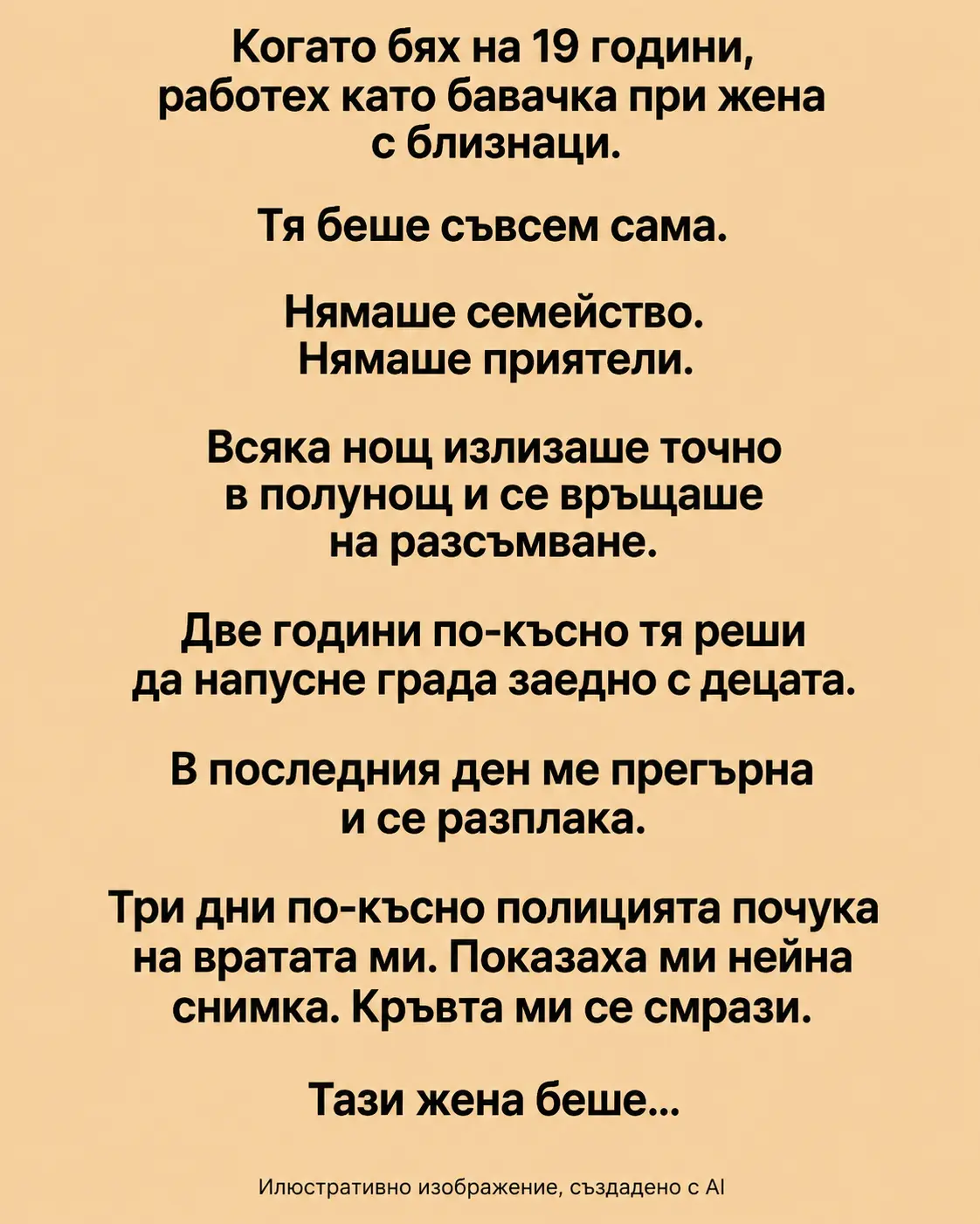Когато бях на 19 години, работех като бавачка при жена с близнаци. Тя беше съвсем сама. Нямаше семейство. Нямаше приятели. Всяка нощ излизаше точно в полунощ и се връщаше на разсъмване. 3 fd0d0689 fc09 4c02 8138 029bf8e4